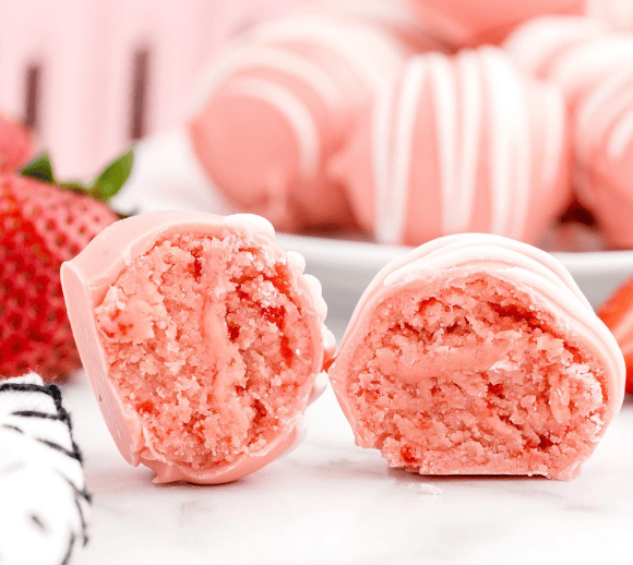 Strawberry Cheesecake Bites cut in half.