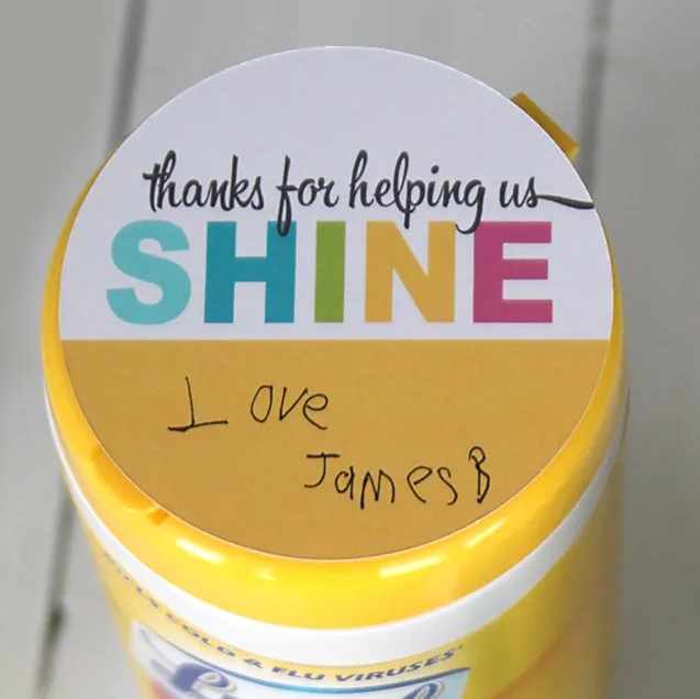 Sanitizing wipes teacher appreciation gift printable.