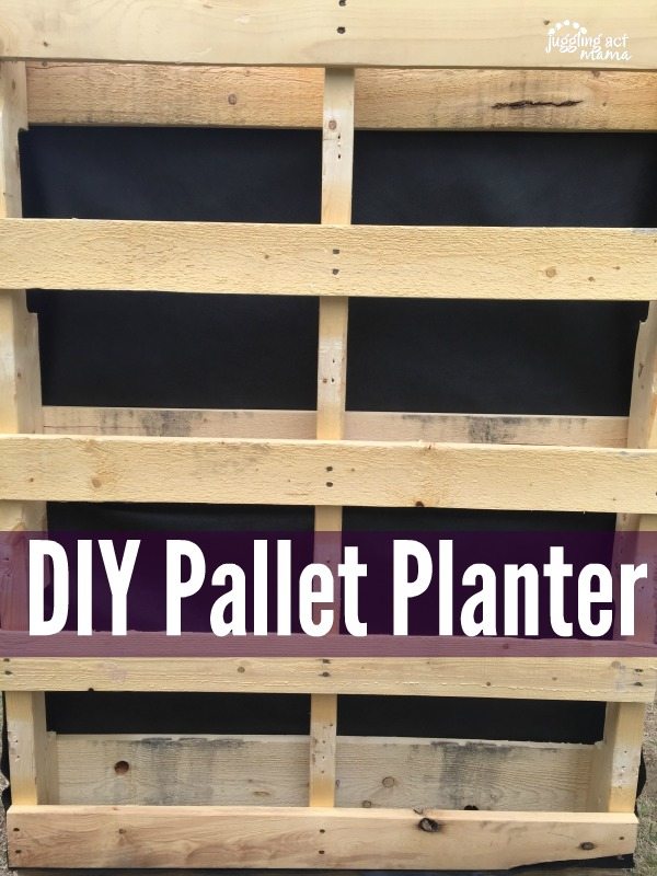 DIY Pallet Planter text with an unfinished pallet standing up.