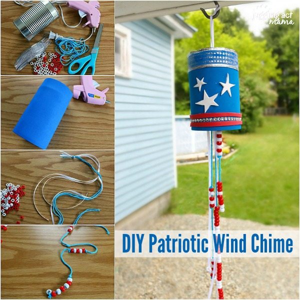 Collage with text overlay: Patriotic Wind Chime summer craft for kids.