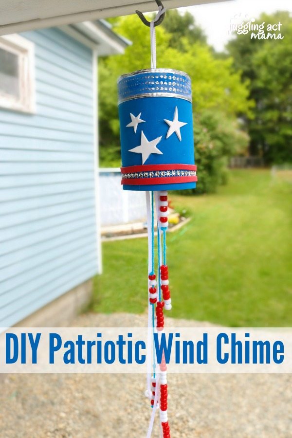 Red, white, and blue Wind Chime hanging. Image has text overlay.