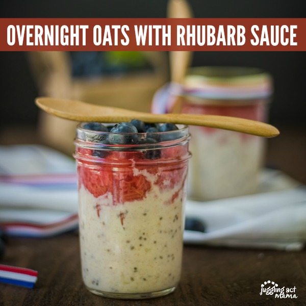 Ovenright oats in a jar with text overlay: Overnight Oats with Homemade Rhubarb Sauce