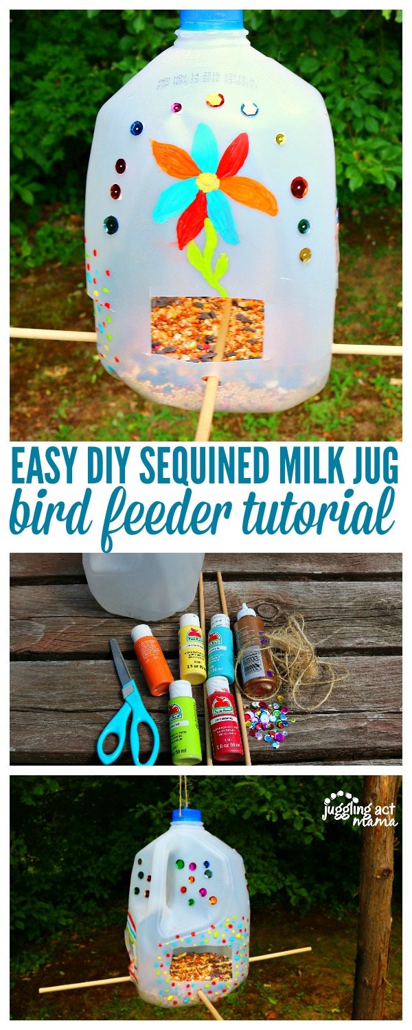 Easy DIY Sequined Milk Jug Bird Feeder Tutorial via @JugglingActMama