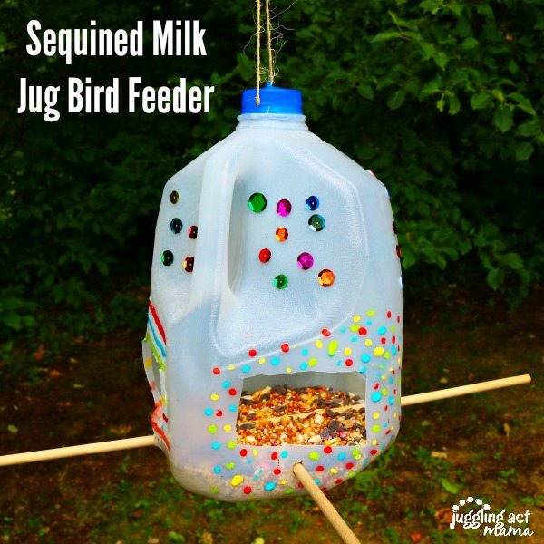 Sequined Milk Jug Bird Feeder craft