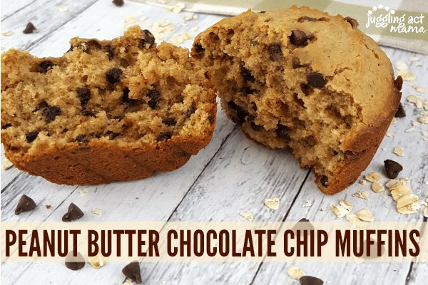 close up of Peanut Butter Chocolate Chip Muffins on a white wooden background