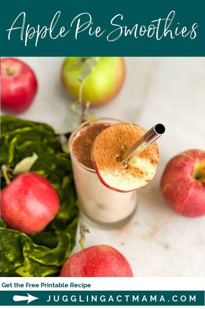 Top down image of an apple pie smoothie surrounded by apples.
