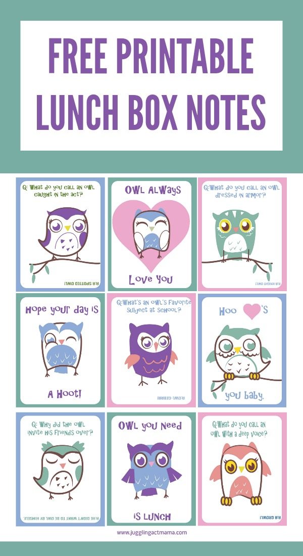Free Printable Owl Lunch Box Notes image with text overlay. 