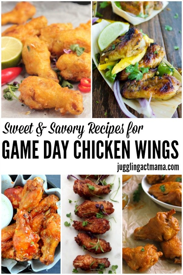 Image text reads Sweet and Savory Recipes for Game Day Wings.