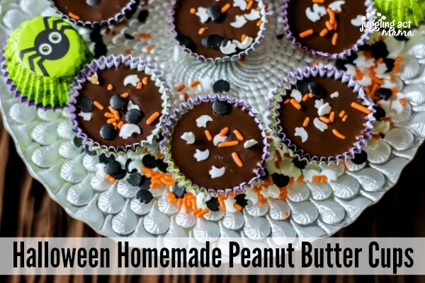 Homemade Halloween Peanut Butter Cups on a platter sprinkled with sprinkles.