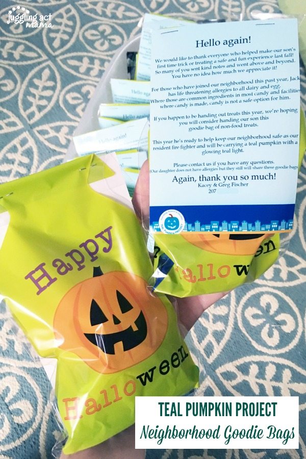 Hand out these neighborhood goodie bags along with a letter describing your child's food allergy and the purpose of the Teal Pumpkin Project.