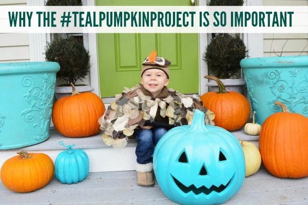 Toddler in a Halloween costume with Teal Pumpkin Project text overlay.