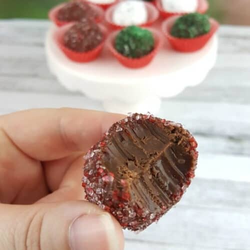 Close up image of a hand holding a mocha truffle in front of a cake plate with truffles on top.