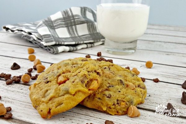 Close up image of pumpkin butterscotch cookies surrounded by chocolate and butterscotch chips and a glass of milk.