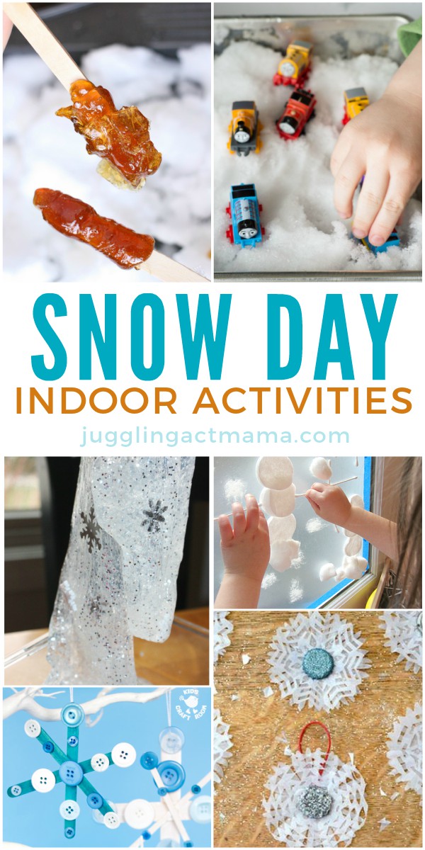 Collage image with text that reads, Snow Day Indoor Activities.

