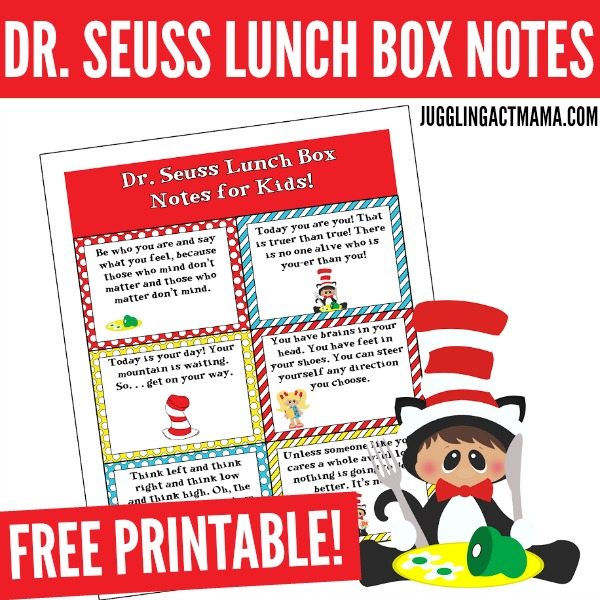 Dr Seuss Lunch Box Notes Printable graphic with text overlay.