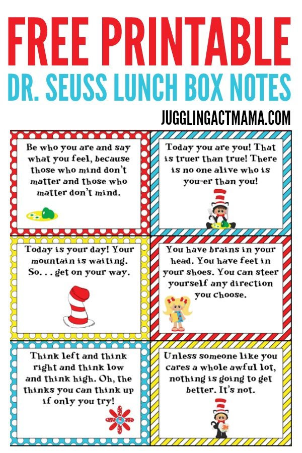 Layout of Dr. Seuss Lunch Box Notes Printables.