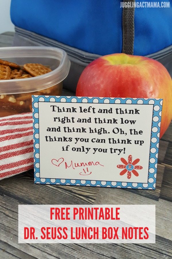 Fun and FREE Dr. Seuss Lunch Box Notes Printable next to an apple and lunchbox.