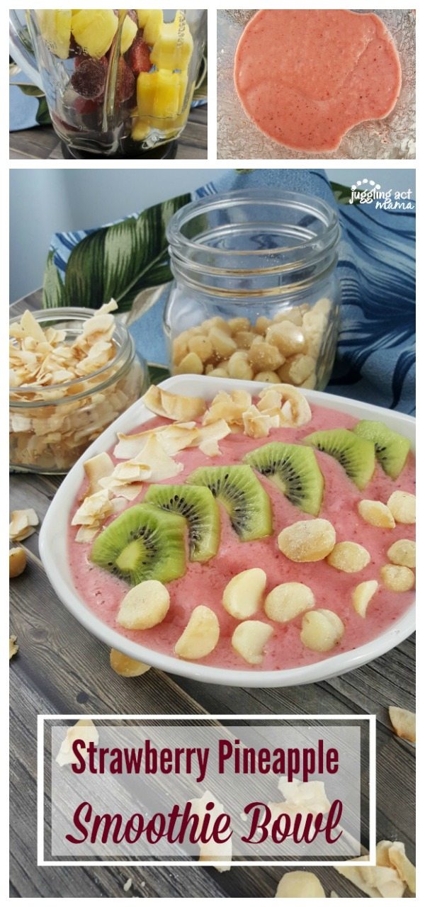 Collage image for tropical strawberry smoothie bowl.