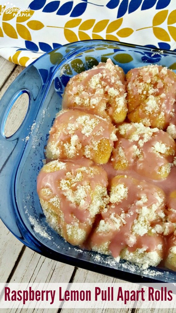 Raspberry Lemon Pull-Apart Rolls in a square blue baking dish