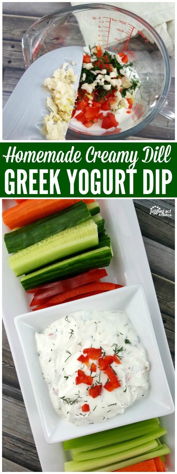 Collage image of easy Greek yogurt dip made with fresh dill, minced garlic and chopped red peppers