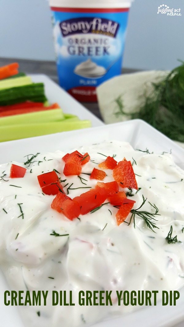 Close up of easy Greek yogurt dip garnished with fresh dill and chopped red peppers