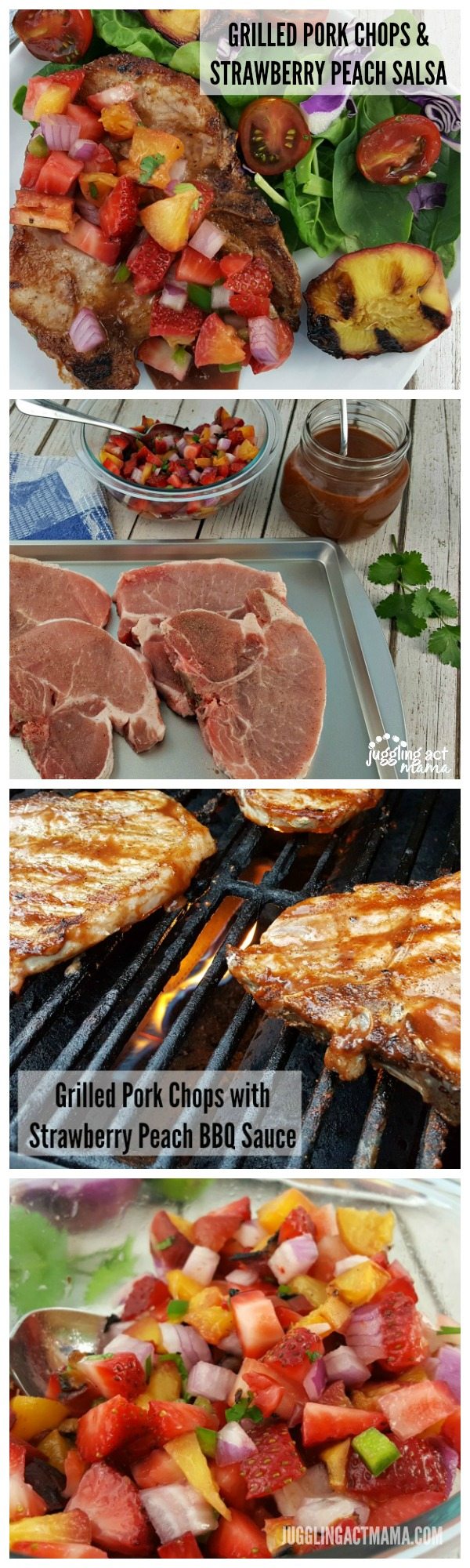 Grilled Pork Chops slathered with homemade Strawberry Peach BBQ sauce and served with Strawberry Peach Salsa is the ultimate summer dish #ad #Smithfield