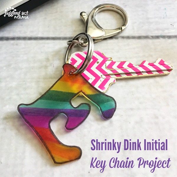 Top down view of Shrinky Dink Key Chain image with text overlay.