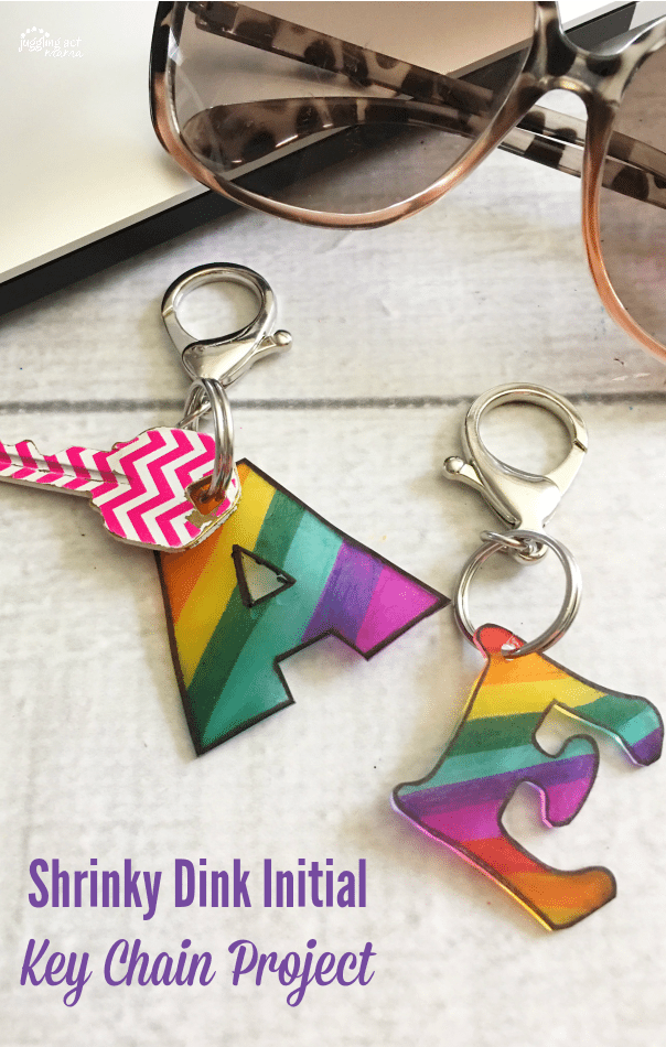 Top down view of Shrinky Dink Key Chain image with text overlay.