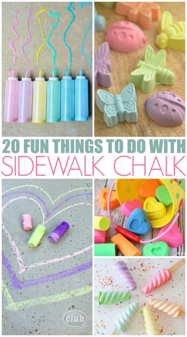 DIY Sidewalk Chalk projects - collage of 5 different sidewalk chalk ideas #BoredomBuster #SummerFun