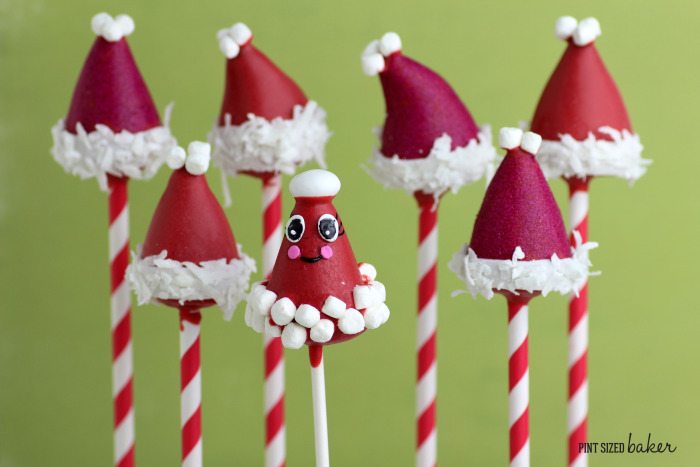 Close up image of Santa Hat Cake Pops from Pint Sized Baker.
