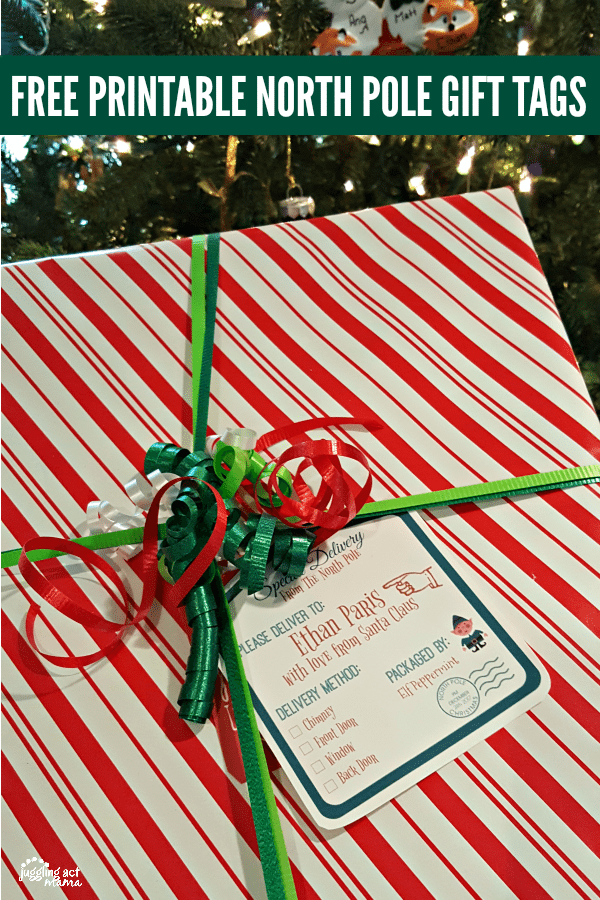 Vertical image of a gift tags from Santa printable on a red and white striped Christmas gift with green, white, and red ribbon.