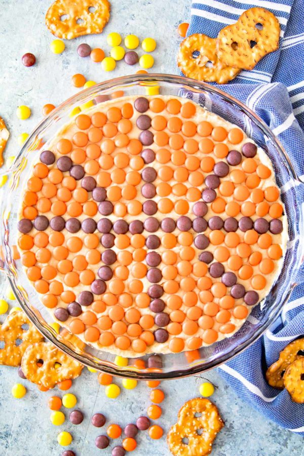 Top down view of Basketball Peanut Butter Dip in a glass dish.