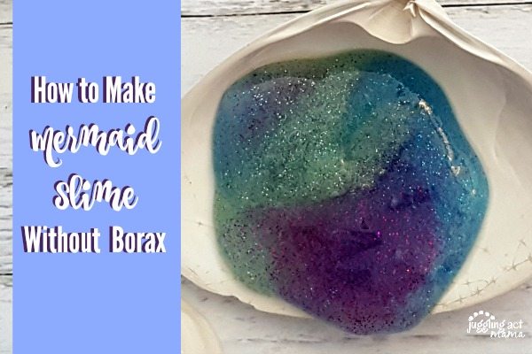 How to Make Mermaid Slime Without Borax - blue, purple and green glitter slime on a white seashell.