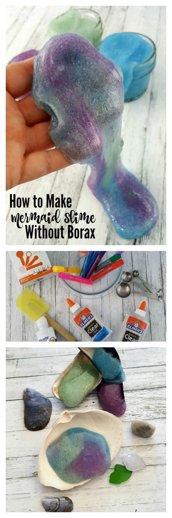 How to Make Mermaid Slime Without Borax - a hand holding mixed mermaid glitter slime that is purple, green and blue. An airal view of glue, a spatula, contact solution, measuring spoons and glitter glue pens in a glass bowl. Multi colored glitters lime in a white seashell with rocks and sea glass around it.