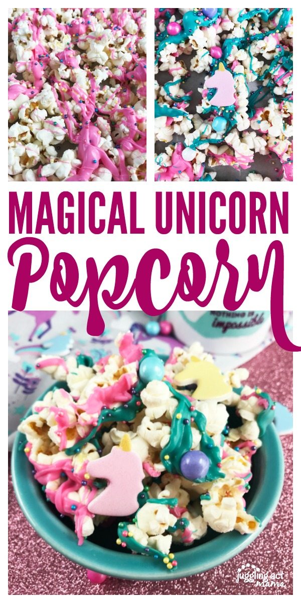 Magical Unicorn Popcorn for Parties - Popcorn with pink and teal colored chocolate, unicorn shapes, sixlet candies and sprinkles in a teal bowl on top of a glittery pink surface.