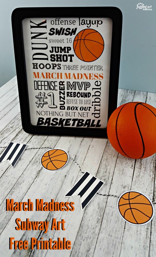 Framed March Madness Subway Art Printable  on a table next to a mini basketball.