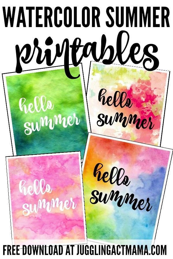 Watercolor Hello Summer Printables - collage image with text overlay JugglingActMama.com 