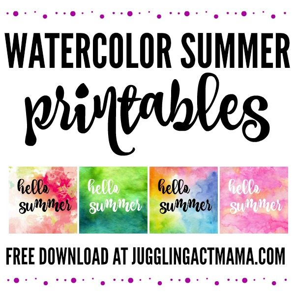 Watercolor Hello Summer Printables - collage image with text overlay JugglingActMama.com.