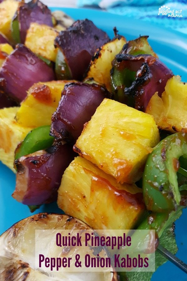 Close up image of Quick Pineapple Pepper & Onion Kabobs.