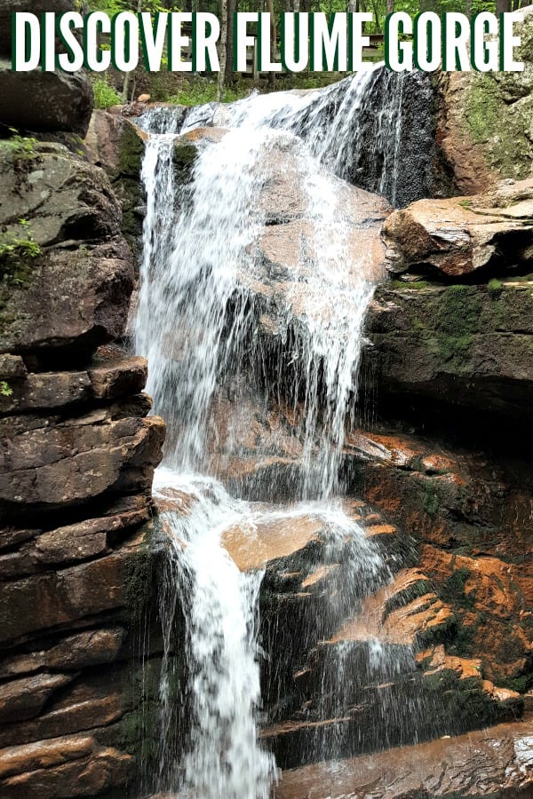 Discover Flume Gorge NH image with text overlay.