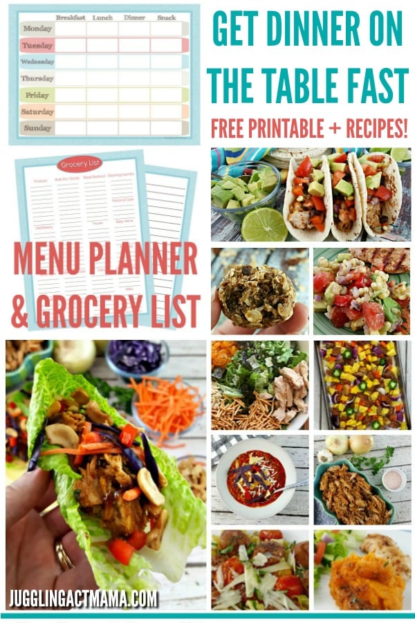 Menu Planner and Grocery list collage image with text overlay.