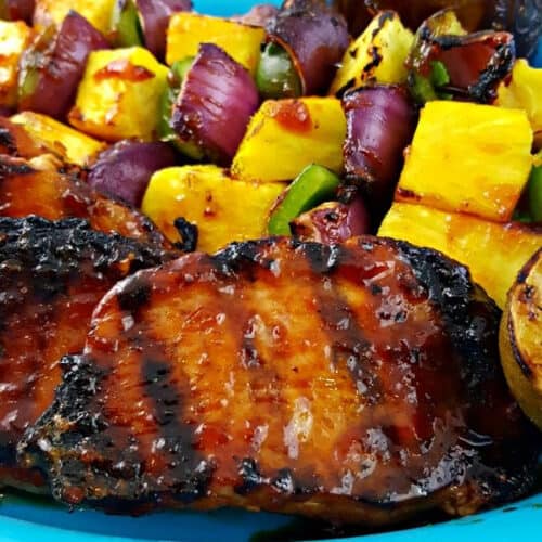 Close up image of Pineapple Bourbon BBQ Grilled Pork Chops.