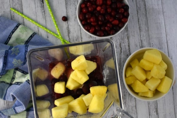 a top down view of a blender with pineapple chunks, and fresh cranberries