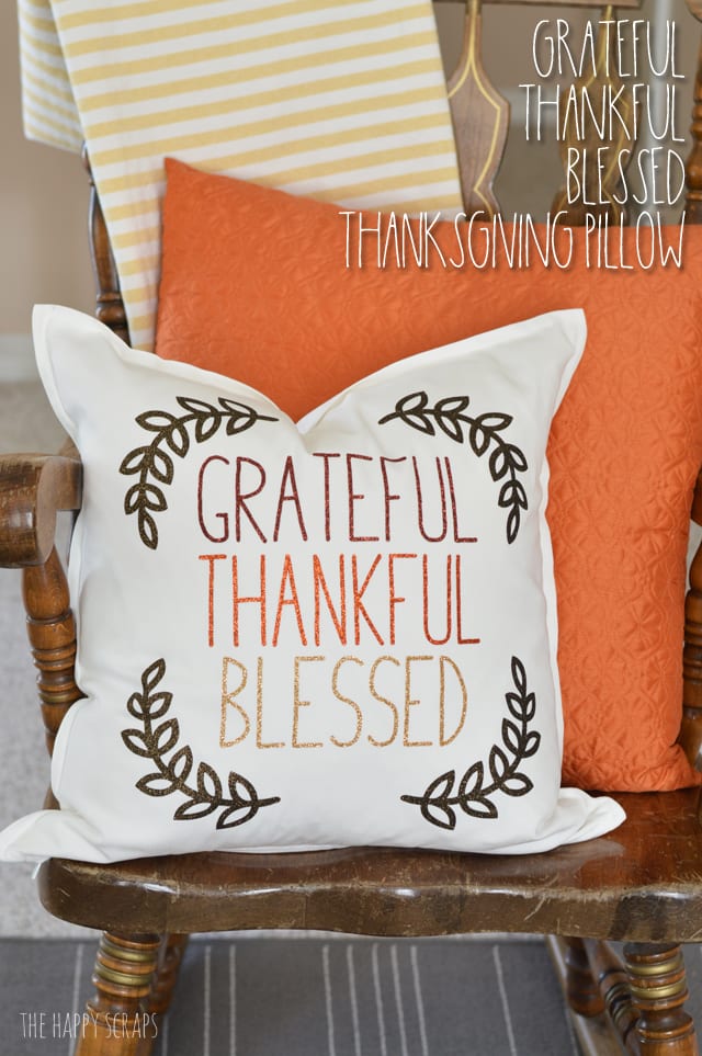 Grateful Thankful Blessed Thanksgiving pillow in a chair.