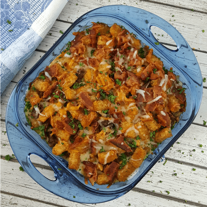 Top down view of Tater Tot Breakfast Casserole.