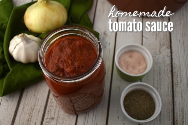Top down view of a jar of tomato sauce next to an onion, head of garlic and ramekins of salt and pepper.