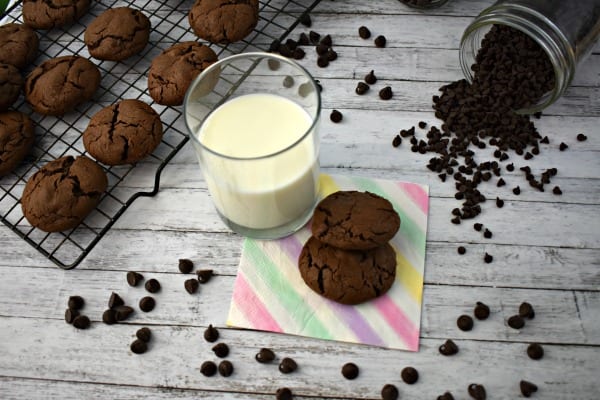 Chocolate Cookies with a glass of milk on napkin.