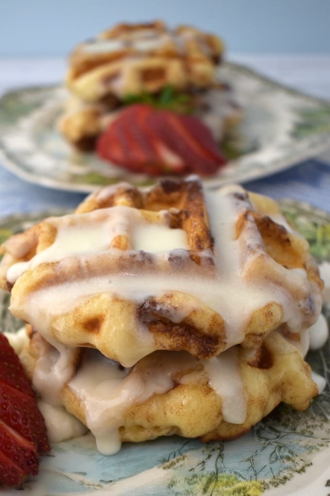 Close up of waffles with icing.
