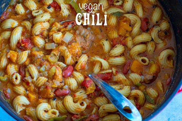 Closeup and Overhead view of vegan chili in a dutch oven