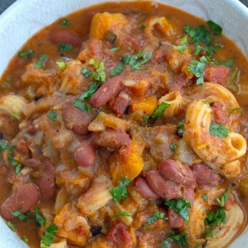 Closeup view of vegan chili in a bowl